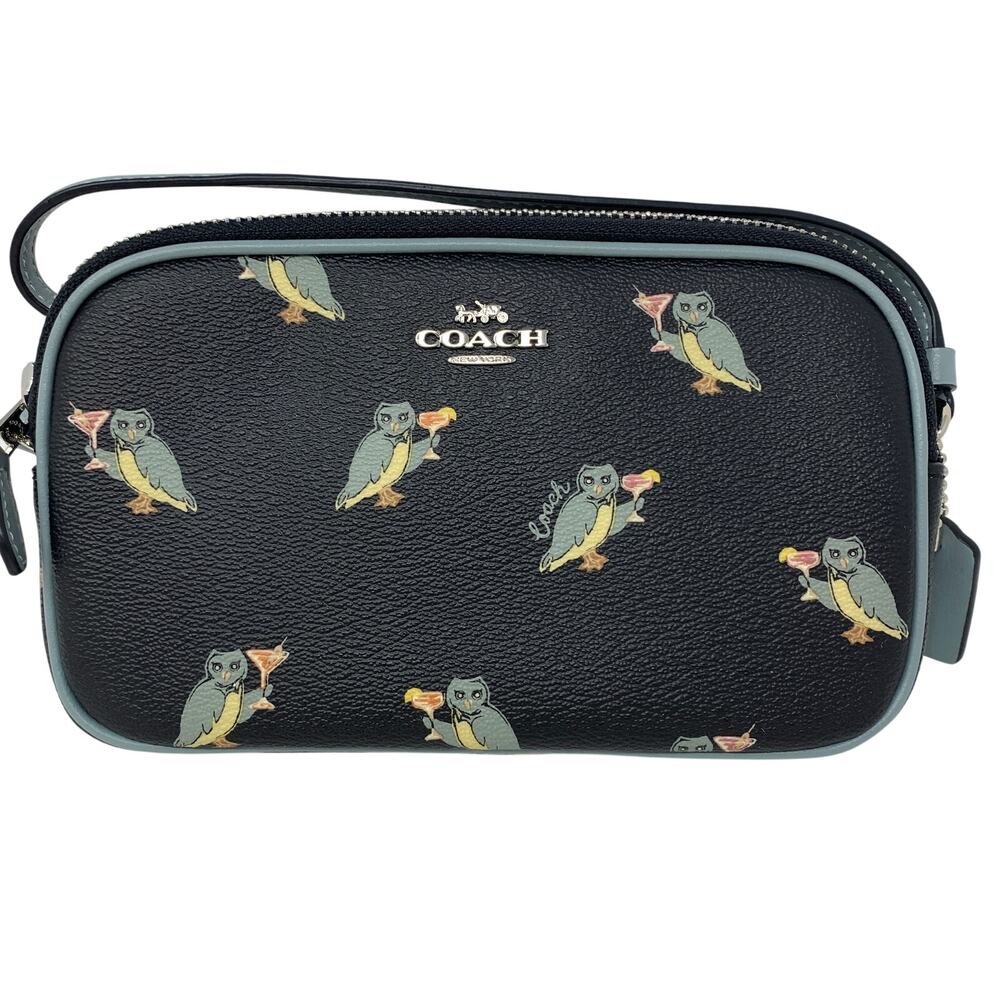 Coach Owl Toasting Martini Print Crossbody Purse Womens Black Blue Gray - Picture 2 of 7